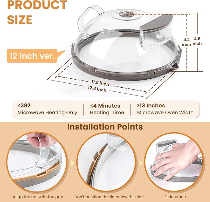 12 Inch Microwave Splatter Cover, Upgraded Microwave Cover for Food with Water Steamer, Integrated Handle, Splatter Guard, Cookware Lid, House Warming Gifts New Home, Grey