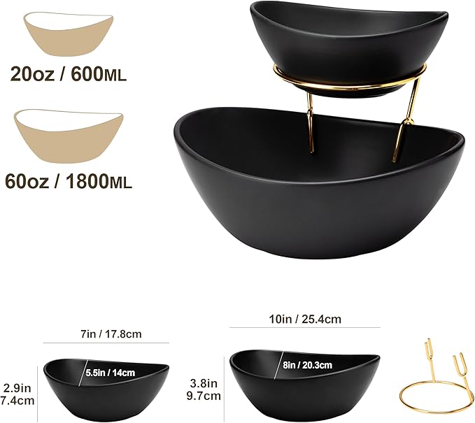 MALACASA 2 Tier Chip and Dip Serving Set with Metal Stand,Ceramic Appetizer Bowls for Party, Multi-Use Food Display for Fruits, Snacks,Black Elegant Tiered Serving Dishes for Party
