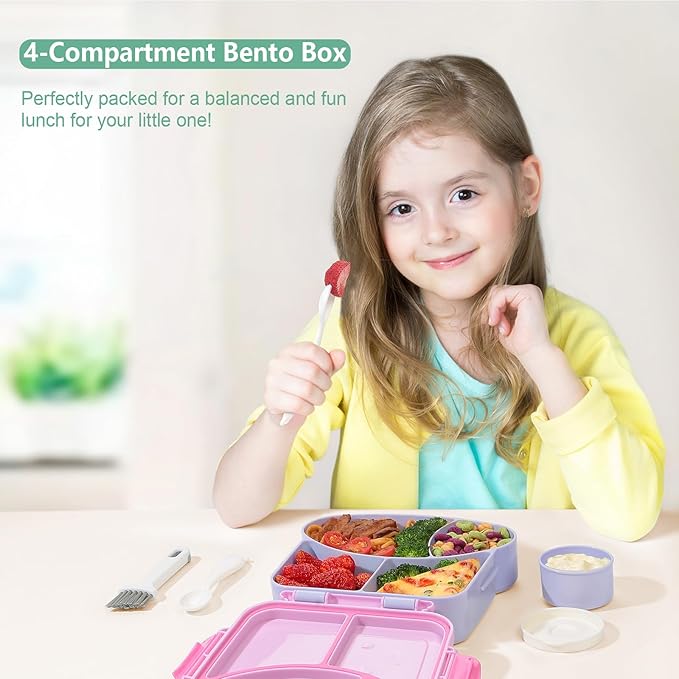 Bento Lunch Box for Kids - Toast-Shaped 4-Compartment Lunchable Food Container with Sauce Cup, Utensils & Brush, BPA-Free, Reusable Snack Container with lid, Ideal for School & Travel - Purple