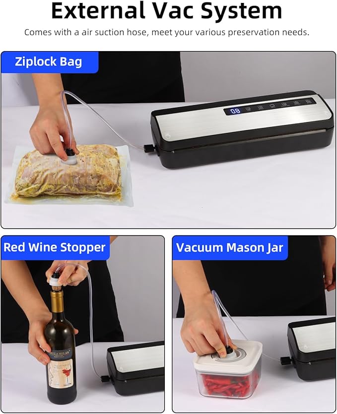 Vacuum Sealer Machine for Food, 80KPA Powerful 8-in-1 Automatic Vacuum Food Sealer with Dry & Moist Modes, Bag Storage, Cutter, Digital Countdown, 20 Pre-Cut Bags & External Air Suction Hose