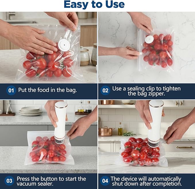 Compact Vacuum Sealer for Food with Visible Tank, Handheld Vacuum Sealer Machine, Includes 30 Reusable Bags, Seal Food 6X Fresh Longer, Wireless & Portable, Suitable for Kitchen and Travel, White
