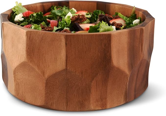 Arthur Court Acaica Wood Salad Serving Bowl for Fruits or Salads - Curved Faced Diamonds Sides Modern Centerpiece Bowl 12 inch Diameter 6 inch tall