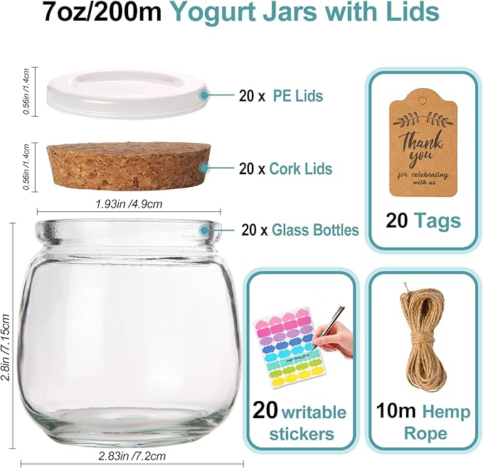 AIXIANG 20 Set 7oz Glass Jars with Cork Lid & Airtight Seal - Rustic Wedding Favors, Baby Shower Gifts, Candy & Spice Storage - Includes Twine, Labels (Multi-Purpose, Eco-Friendly)