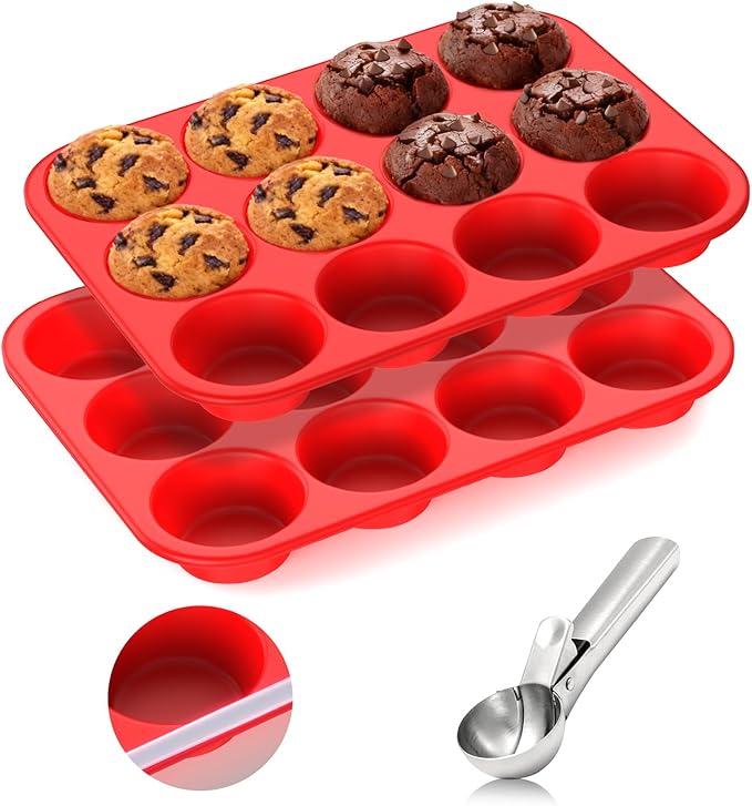 Samuelworld Silicone Muffin Pan for Baking: 24 Cup Muffin Pan with Metal Reinforced Frame, Regular Size Cupcake Egg Bites Molds for Baking, BPA Free Silicone Muffin Tray, 2 Pack, Red (With Scooper)