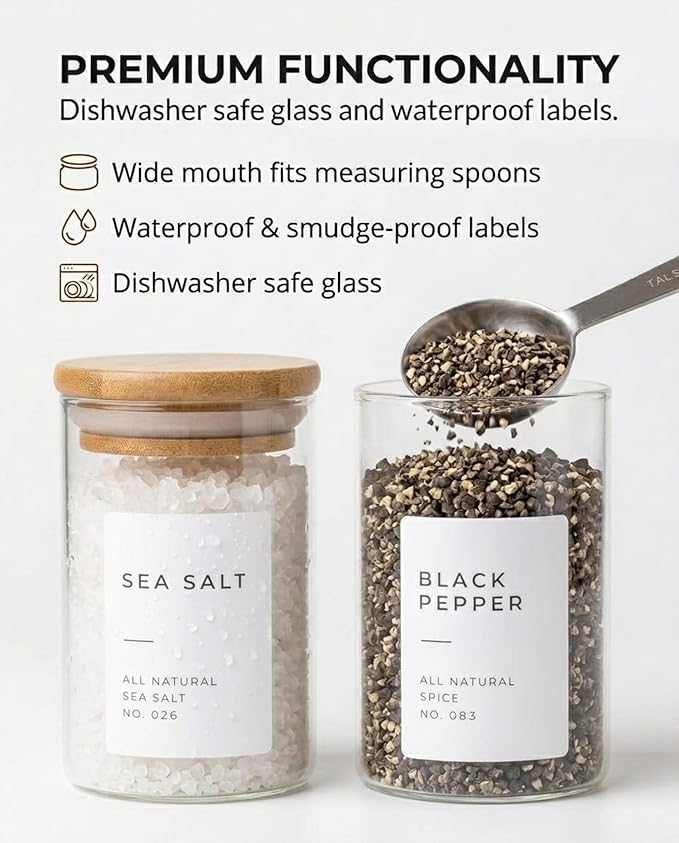 Bloomondo Empty Spice Jars with Label Pack (12x Bamboo Lid Glass Jar). Small 6oz Spice Storage Bottles with 112 Printed Stickers and 48 Writable Pantry Labels for Seasoning Containers