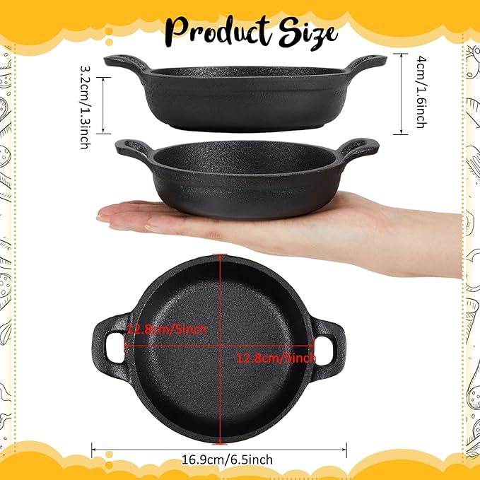 Mini Cast Iron Skillets 5 x 5 x 1.3 Inch Cast Iron Pan Small Ramekin Set Black Casserole Dish Cookware Oven Safe Mini Skillets for Kitchen Indoor Outdoor Picnic (4 Pack)