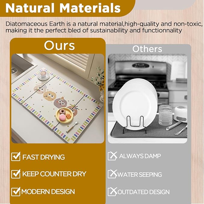 Stone Drying Mat for Kitchen Counter, Large Stone Dish Drying Mat - Diatomite Earth Water Absorbing Drying Stone for Kitchen Counter Mat, Quick Dry Stone Mat Kitchen