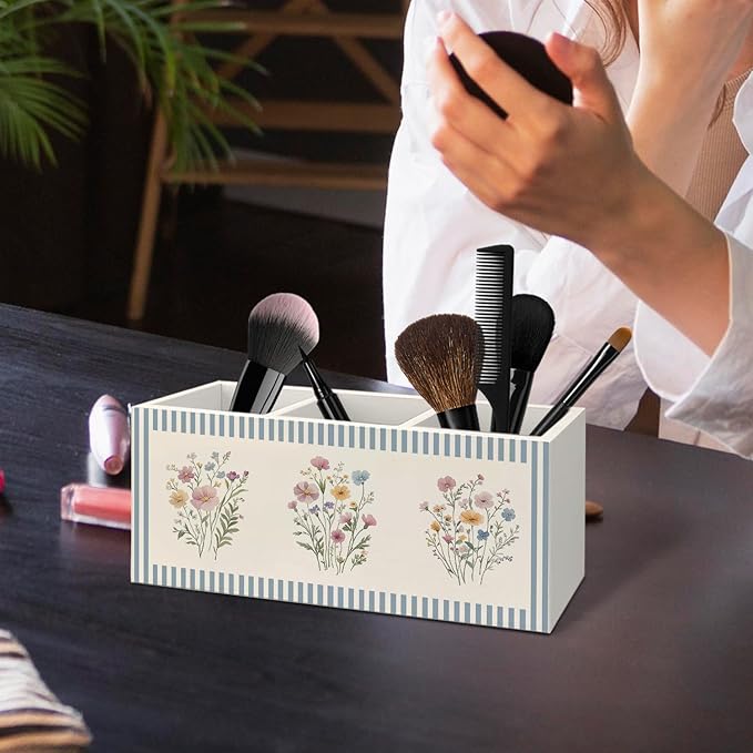 Retro Pastel Flower Wooden Utensils Holder, Cottagecore Nature Wildflower Blue Striped Wood Cooking Utensil Holder Organizer for Kitchen Countertop Counter Decor