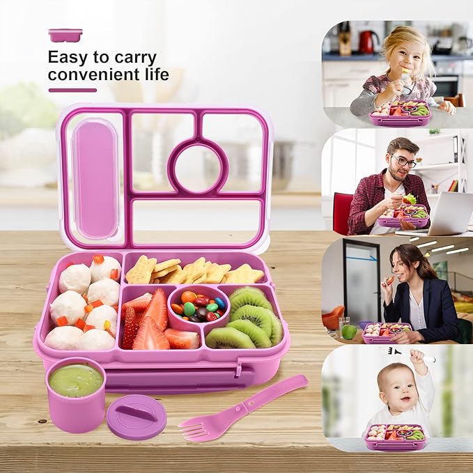 Amathley Bento Box Adult Lunch Box Kids,Lunch Containers for Adults/Kids/Toddler,5 Compartments Bento Lunch Box with Sauce Vontainers,Microwave & Dishwasher & Freezer Safe,BPA-Free (Purple)