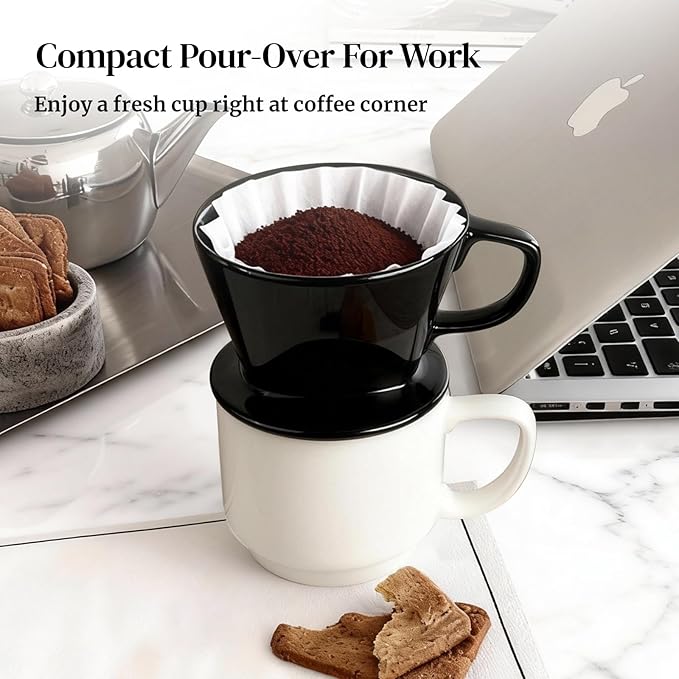 DOWAN Pour Over Coffee Maker, Non-Electric Pour Over Coffee Dripper, Manual Brew Maker, Single Cups Porcelain Slow Brewing Accessories for Gifts, Black