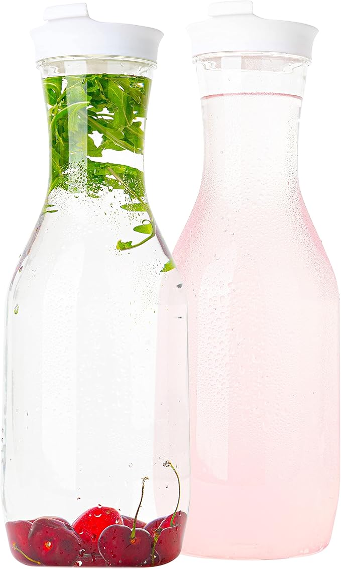 Clear Plastic Water Pitchers Carafes with Flip top White Lids 50 OZ Heavy Duty Beverage Pitcher Jug for Juice or iced Coffee Great for Mimosa bar Restuarants ot Schools Pack of 2