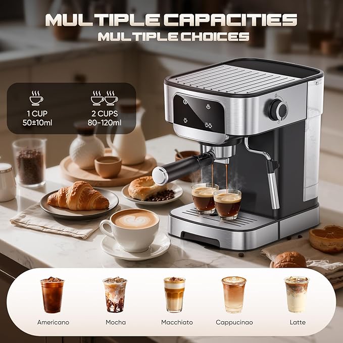 Espresso Machine 20 Bar, Professional Espresso Maker with Power Milk Frother, Compact Espresso Coffee Machine With LED Touch Screen for Home Latte, Cappuccino, 61OZ Removable Water Tank 2026