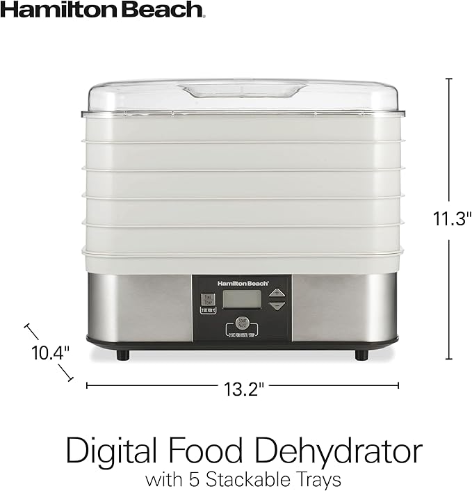 Hamilton Beach Digital Food Dehydrator for Fruit and Jerky, Vegetables and More, 5 Trays, Adjustable Temperature, 48 Hour Timer + Auto Shutoff, Grey (32100A)