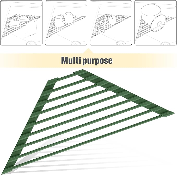 Tomorotec Compact Silicone-Coated Triangle Dish Drying Rack for Sink Corner - Foldable Stainless Steel Over-The-Sink Organizer and Storage Shelf (Army Green)