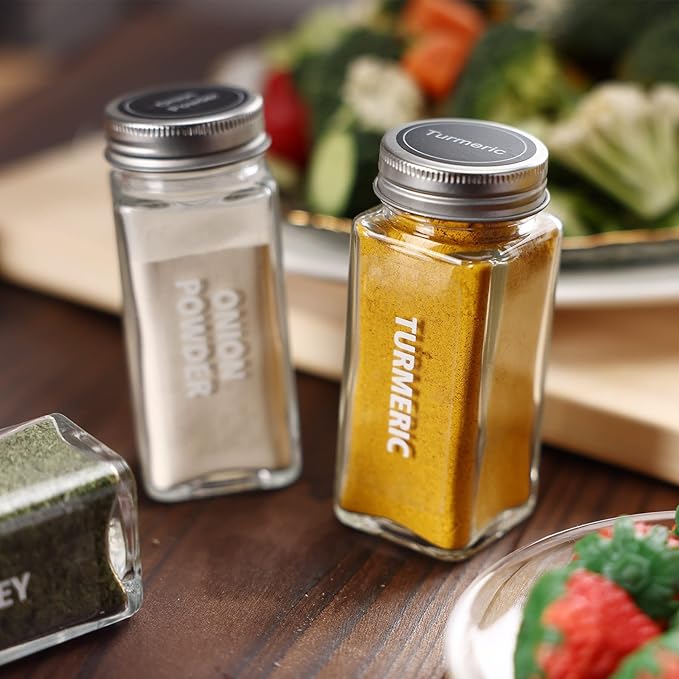 Antimbee 28 Pcs Clear Glass Spice Jars,3.5 oz Glass spice jar with 324 labels, Funnel,Chalk Pen,Shaker Lids and Airtight Metal Caps, Empty Square Spice Bottles for Spice Rack, Cabinet, Drawer