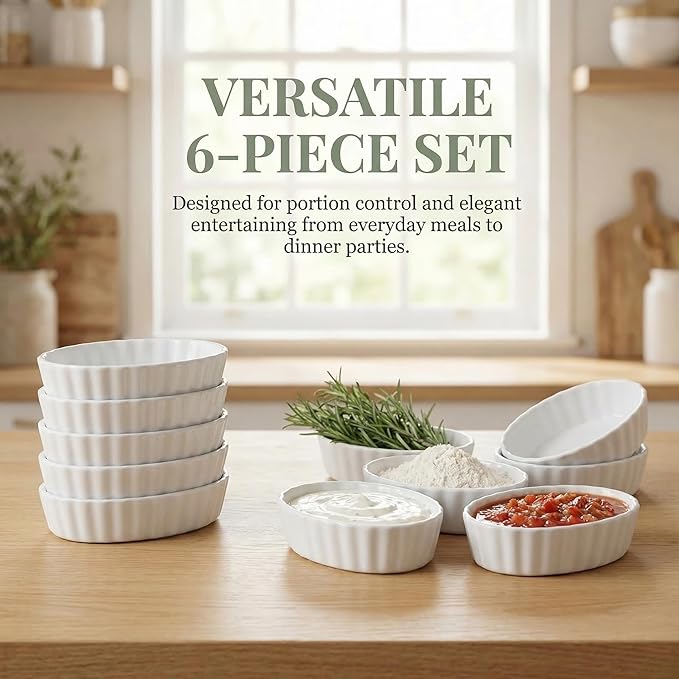 Creme Brulee Ramekins, 6 Pcs Oval Ceramic Baking Dishes 4 OZ, 5.2 Inch Oven Safe Baking Dishes for Souffle, Dessert, Baked Gratins, Prep Bowls for Ingredients, Dipping Sauces - Dishwasher Safe & Stackable