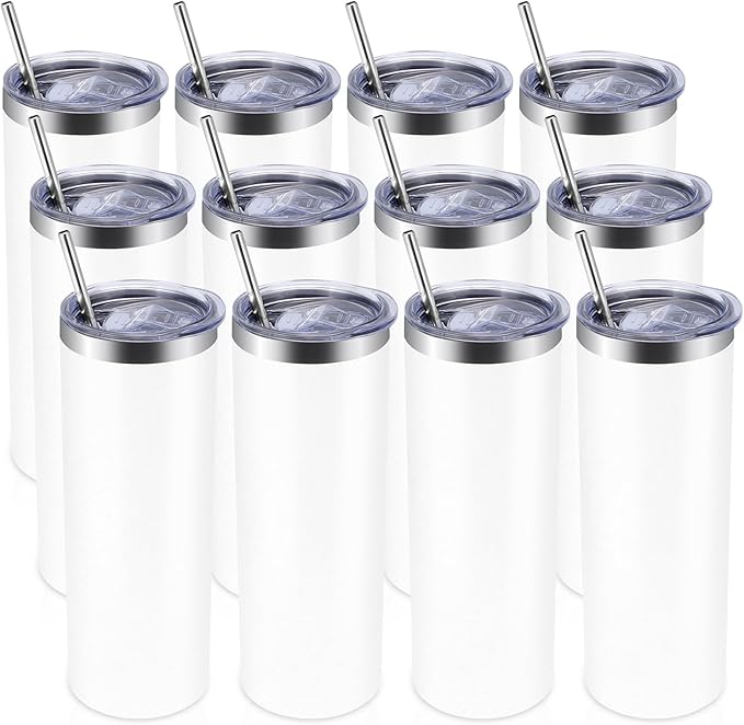 Volhoply 12 Pack Skinny Tumblers with Lid and Straw, 20oz Stainless Steel Straight Tumbler Bulk, Vacuum Insulated Coffee Mug for Home, Office, Travel, DIY (White,12 Pack)