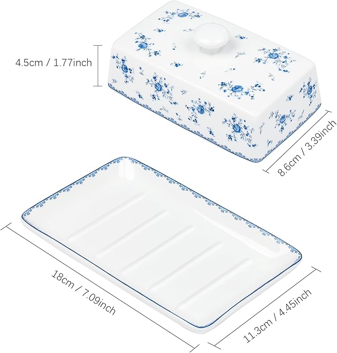 fanquare Porcelain Butter Dish with Lid, Classic Ceramic Butter Keeper with Raised Leg, Butter Dishes for Cafeteria Kitchen Countertop, Blue and White (Blue Rose)