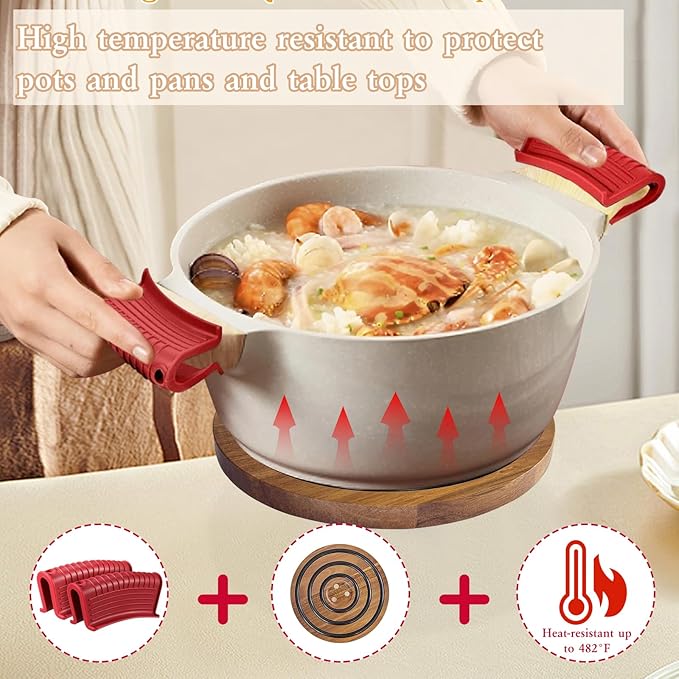 2Pcs Magnetic Wooden Trivets for Hot Pots & Pans, Heat Resistant Acacia Wood Trivets with 2 Silicone Pan Handle Covers&4 Cast Iron Handle Sleeve for Dutch Ovens Hot Pots&Pans Cast Iron Skillet