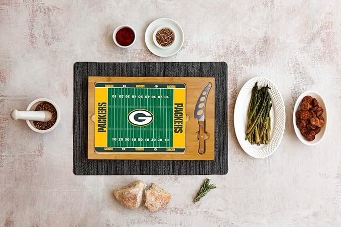 PICNIC TIME NFL Football Field Icon Glass Top Cutting Board & Knife Set, (Parawood & Bamboo)