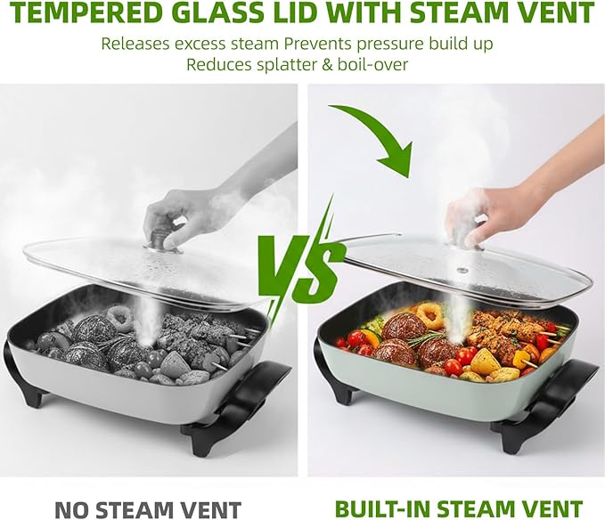 8" Electric Skillet with PFAS-Free Non-Stick Ceramic Coating, Removable Electric Frying Pan with Adjustable Temperature, Reversible Design, Tempered Glass Lid, Green