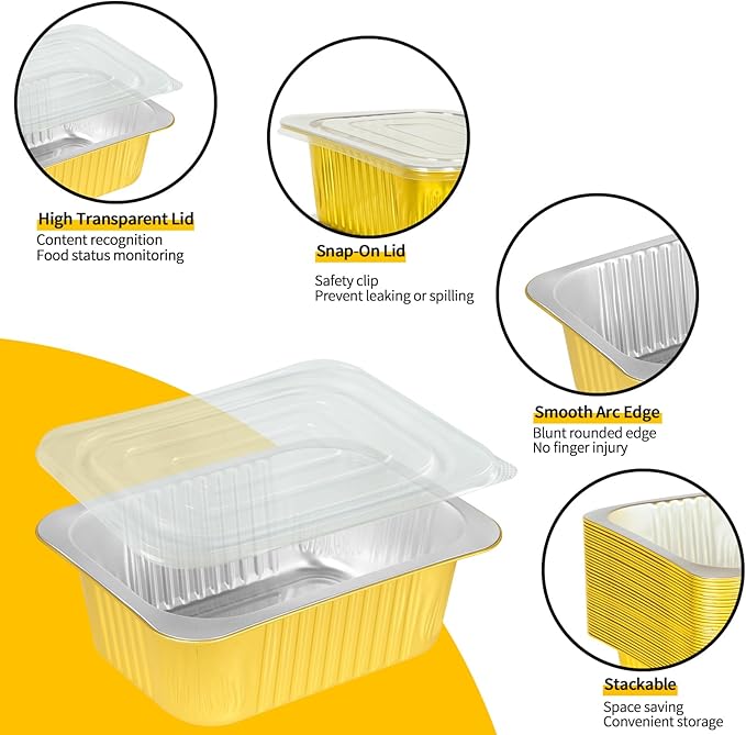 40 Pack 8.7"×6.6"×2.4" Gold Aluminum Foil Pans with Lids Heavy Duty, 3 LB Foil Food Containers with Lids, Disposable Tin Foil Pans for Baking, Meal Prep, Freezer, Heating and Takeout