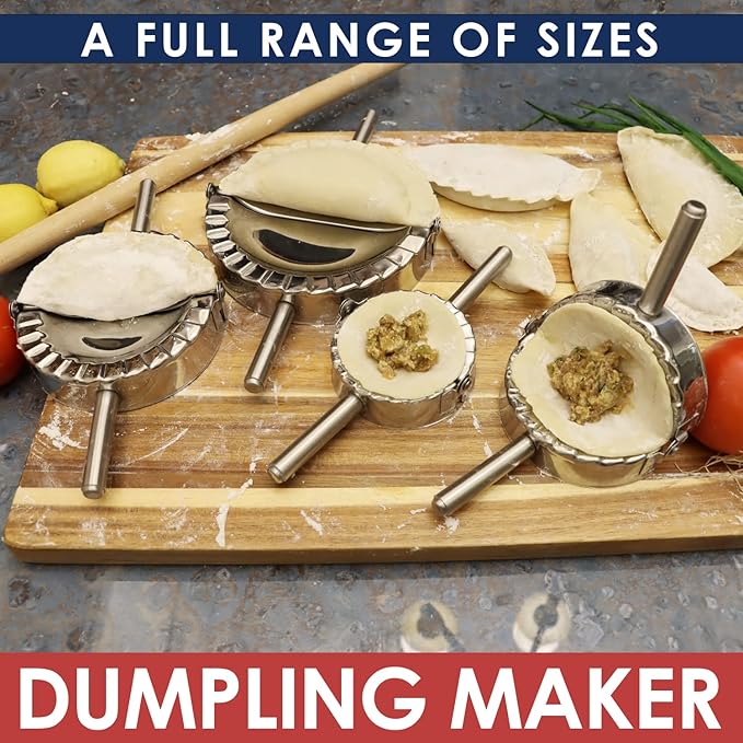 KAYCROWN Empanada Maker Press, Stainless Steel Dumpling Maker Set, 2-in-1 Dough Cutter Dumpling Mold Set for Ravioli, Pierogi, Turnovers, Calzone, Dumpling, 4 Sizes (XL/6"+L/4.75"+M/4"+S/3.25")