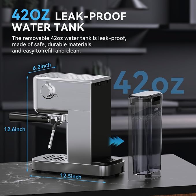 XIXUBX Espresso Machine 20 Bar with Milk Frother, Stainless Steel Coffee Maker with 42 oz Removable Water Tank for Cappuccino, Latte&Cold Brew, Home&Office, Silver