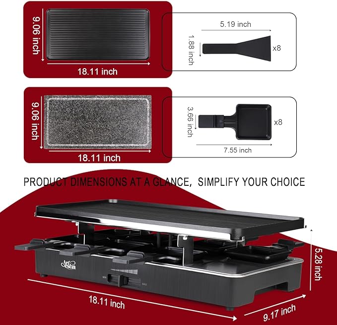 Artestia 2-in-1 1700W Adjustable Temperature Raclette Grill with Granite Stone & Non-Stick Cast Aluminum Plates | Includes 8 Mini Pans & Spatulas | Extended Power Cord | Perfect for Family Gatherings