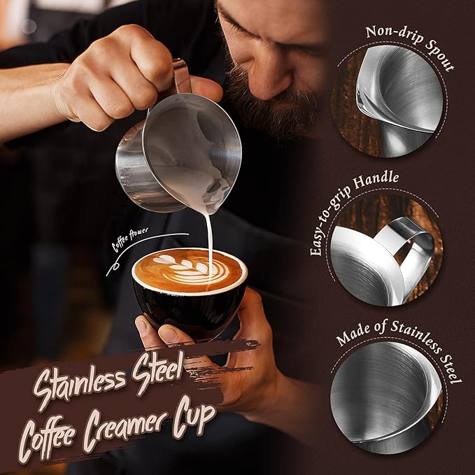 Potchen 6 Pack Stainless Steel Bell Creamers 3 Ounce Creamer Pitcher Mini Coffee Milk Pitchers with Handle and Pouring Spout Cups for Serving Espresso, Tea, Milk, Maple Syrup, Sauce