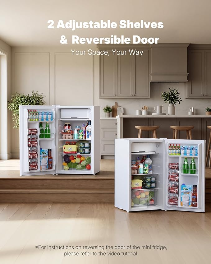 Upstreman 3.2 Cu.Ft Mini Fridge with Freezer, Single Door Mini Fridge, Dorm Fridge, Adjustable Thermostat, Mini Refrigerator for Dorm, Office, Bedroom, White-BR321