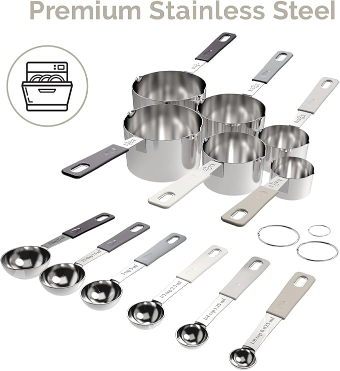 CuttleLab 22-Piece Stainless Steel Measuring Cups and Spoons Set, Tad Dash Pinch Smidgen Drop Mini Measuring Spoons, Measuring Stick Leveler, Measurement Conversion Chart Fridge Magnet, (Charcoal)