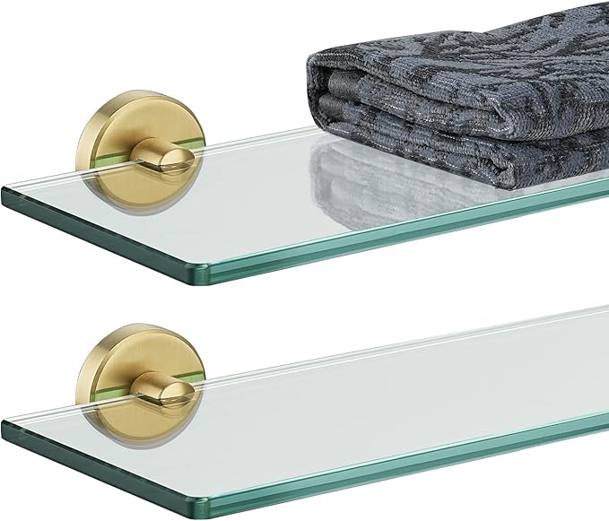 JQK Bathroom Glass Shelf Gold, Tempered Glass Shower Storage 16 by 5 inches, 304 Stainless Steel Brushed Gold Wall Mount 2 Pack, TGS101L16-BG-P2