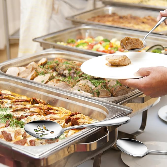 Stainless Steel Slotted Serving Spoons, E-far 4-Piece Metal Tablespoons Hostess Serving Utensils Set for Catering Buffet Party Kitchen Restaurant, Dishwasher Safe