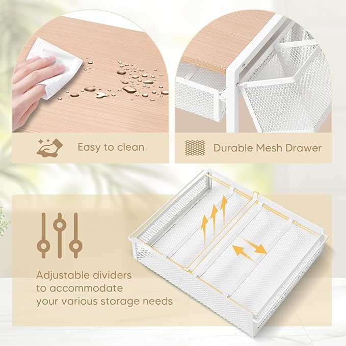 DGWJSU Tea Bag Organizer, Wood Tea Organizer and Storage Cheast, Tea Bag Holder with Storage Drawer, 4 Hooks for Tea Cups Holder, Tea Station Chest Display Container Box for Countertop Kitchen (White)