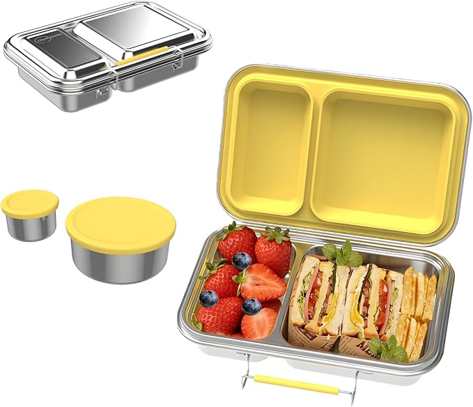 Stainless Steel Bento Box for Adults, 22.6 oz Compact 2-Compartment Metal Lunch Box with 2 Containers, BPA-Free Portion Control Food Container for Work and Travel, Dishwasher Safe(Yellow)