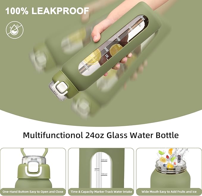 chunmo 24 oz Glass Water Bottles with 2 Lids-Handle Spout Lid & Straw Lid, Motivational Water Bottle with Time Marker and Silicone Sleeve,Leakproof-Army Green-1 Pack