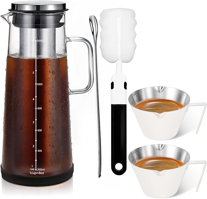 Cold Brew Coffee Maker 1.4L/48oz with Extended Filter & 2 Pcs Stainless Steel Espresso Cup (White), Coffee Brewing Set with Cleaning Brush, Stirring Spoon & 3.4oz/100ml Dual Scale Measuring Cup