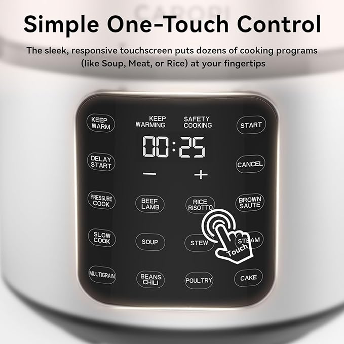Carori 8 Qt Electric Pressure Cooker, 9-in-1 Multi-Cooker 1000W with IMD Touchscreen, Non-Stick Inner Pot, For Pressure/Slow/Rice Cooking, Steaming, Sauté & Keep Warm, Silver