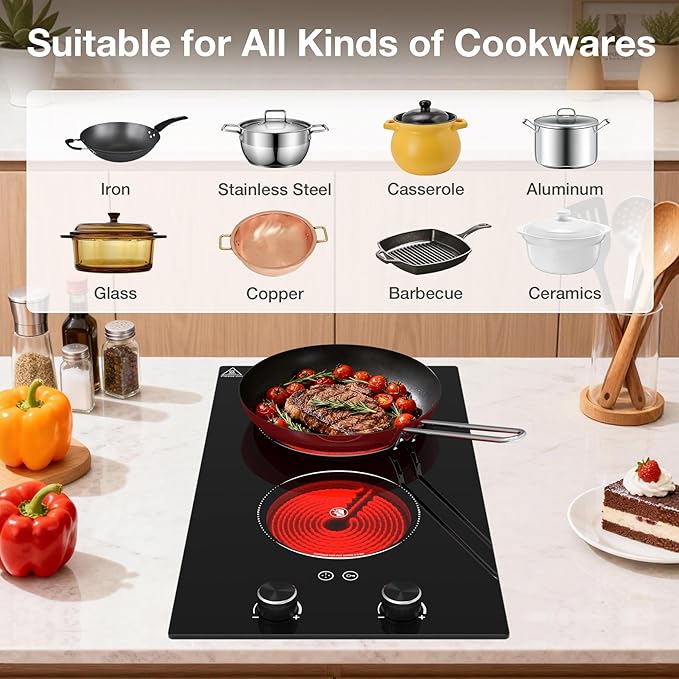 2100W Electric Cooktop 2 Burner: Electric Stove 110v-120v Hot Plate, Knob Control Countertop & Built-in Ceramic Cooktop 9 Power Levels, Child Lock, Timer, Suitable for all Pans