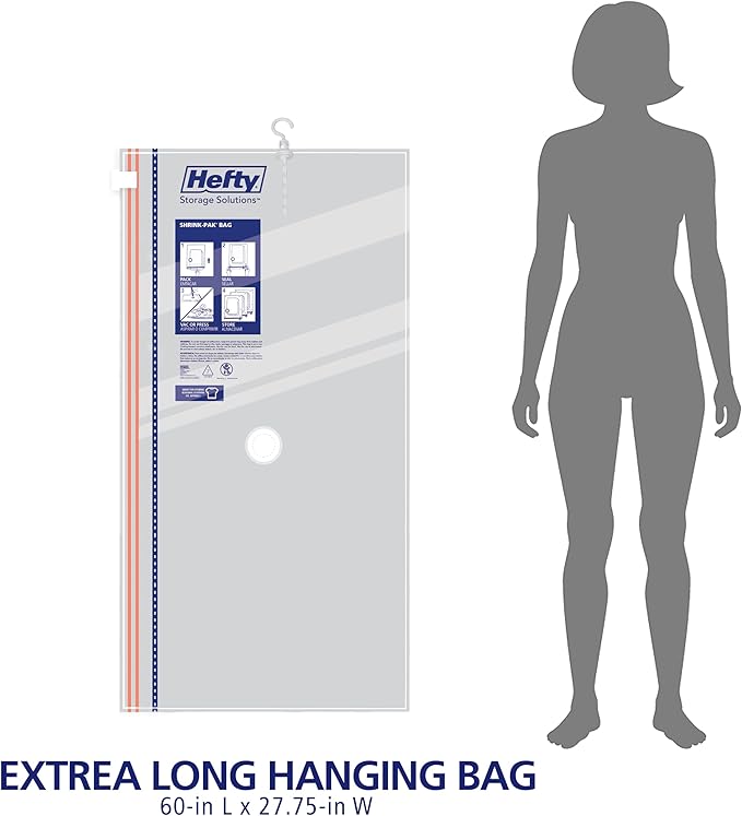 Hefty Hanging Compression Bags 3 Extra Long Vacuum Garment Storage Bags for Clothes, Travel, Closet Organization (60 X 27 Inches) (X-Large)
