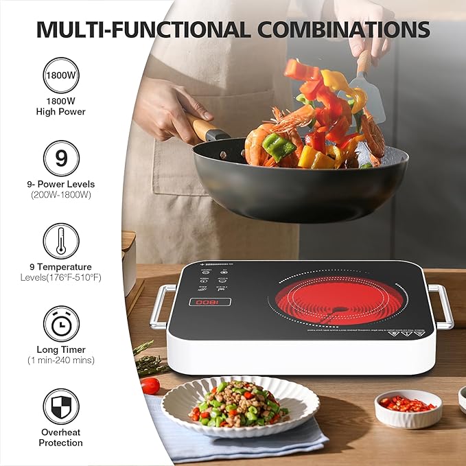 Electric Cooktop 110v, Portable Electric Stove 1800W Infrared Hot Plate, Nafewin Single Burner Cooktop Countertop with Handle, 4-Hours Timing Setting, Compatible for All Cookwares