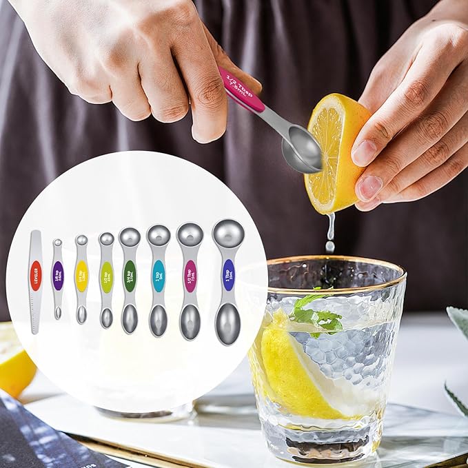 Magnetic Measuring Spoons Set with Strong N45 Magnets, Heavy Duty Stainless Steel Metal, Fits in Most Kitchen Spice Jars for Baking & Cooking, BPA Free, Multicolor