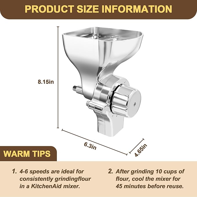 Premium All-Metal Grain Mill Attachment for KitchenAid Stand Mixers, 12-Level Adjustable Flour Mill Grinder for Wheat, Oats, Corn, Rice, Non-Oily Dry Grains - Includes Cleaning Brush
