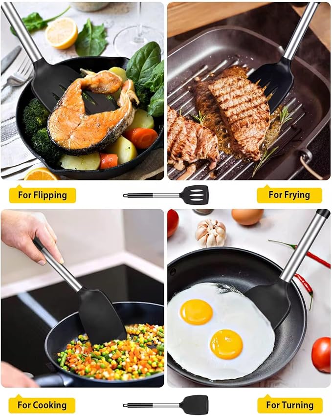 2 Pack Silicone Steel Sturdy Turner Spatula Set, Non-Stick Turner and Solid Spatula, High Heat Resistant BPA Free Cooking Kitchen Utensils - AR3T Collection - Black