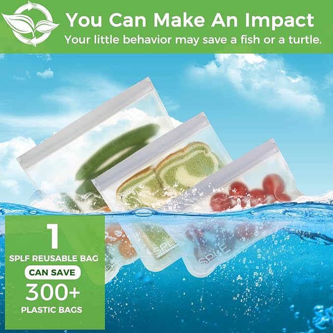 SPLF 12 Pack Dishwasher Safe Reusable Storage Bags(5 Reusable Sandwich 5 Snack 2 Gallon), Extra Thick Freezer Bags Leakproof Silicone and Plastic Free Food Lunch Bag