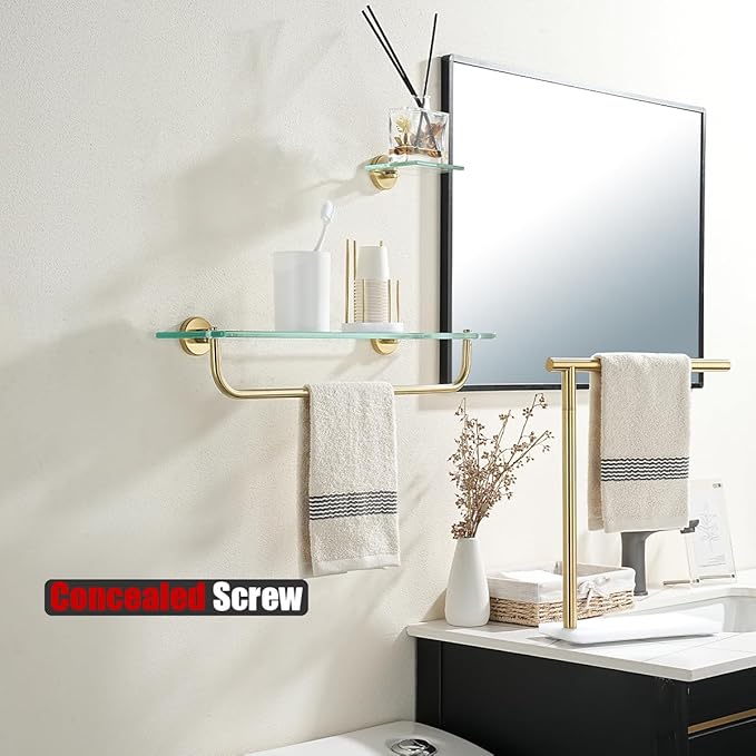 JQK Bathroom Glass Shelf, Shelf with 19 Inch Towel Bar Tempered Glass Shower Storage 20 by 5 inches, 304 Stainless Steel Brushed Gold Wall Mount, TGS100L20-BG