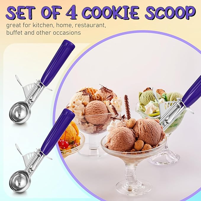 Reallnaive 4 Pcs Release Cookie Scoops Ice Cream Scooper with Trigger Release Portion Scoop Stainless Steel for Portion Control, Baking Food, Cookie Dough (0.75 oz,Purple)