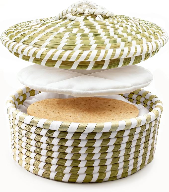 Handwoven Seagrass Tortilla Warmer Basket with Lid, 9.6" Breathable Natural Tortilla Holder with 2 Washable Cotton Liners, Boho Farmhouse Style Server for Tortillas, Roti, Pancake & Flatbread
