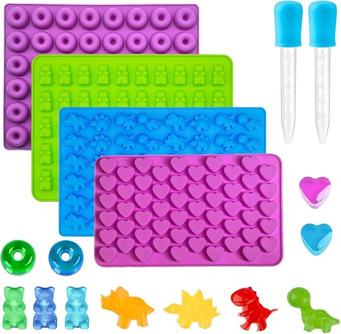 Gummy Candy Molds - Silicone Gummy Dinosaur/Donut/Small Hearts Shapes/Bear Mold with 2pcs Dropper,Non-stick and Bpa Free for Mini Candy Chocolate Gummies Baking